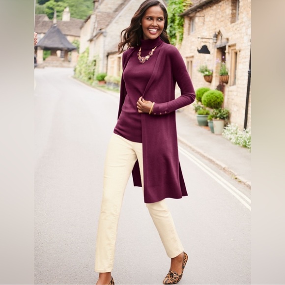 Talbots Long Line Open Front Ribbed Cardigan Burgundy Size Large - Picture 1 of 6